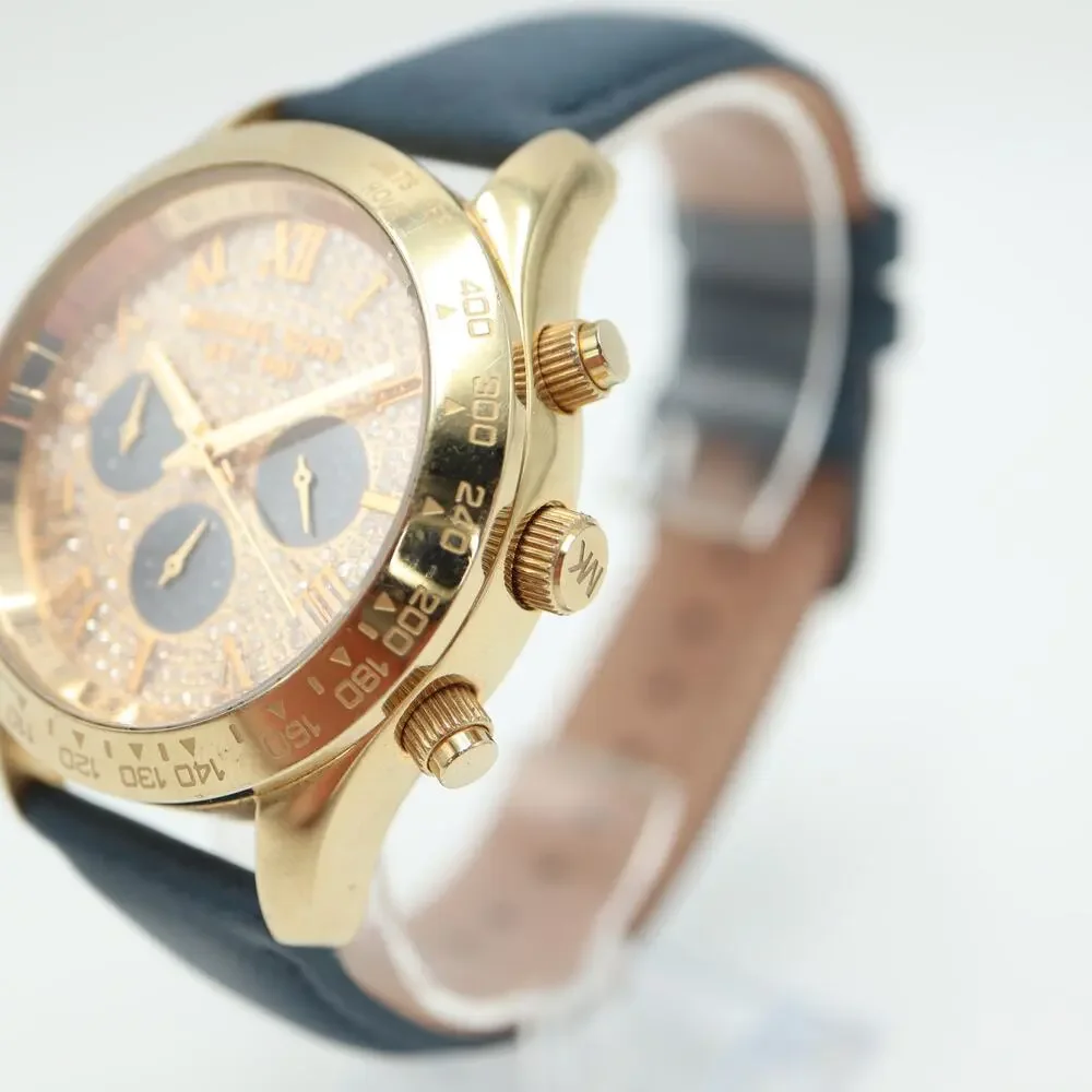 Michael Kors Layton Glitz Gold Black Chronograph 44mm Watch Blue Leather Strap